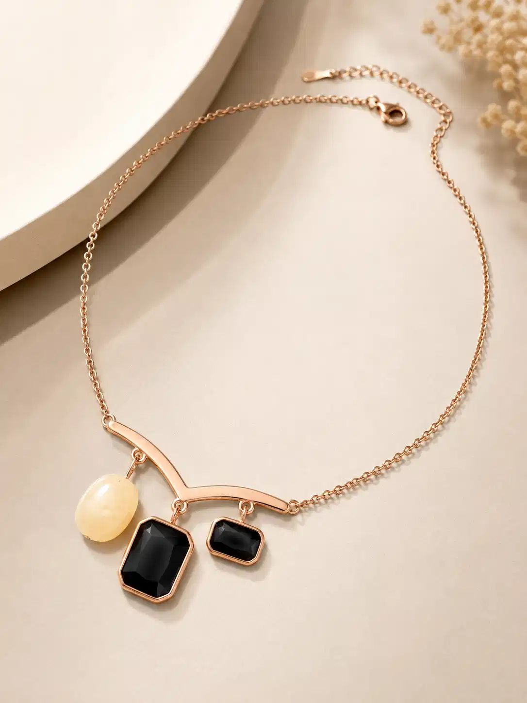 Full Nazar Grace rose-gold tone necklace with black stones, pearl-inspired accent and adjustable chain