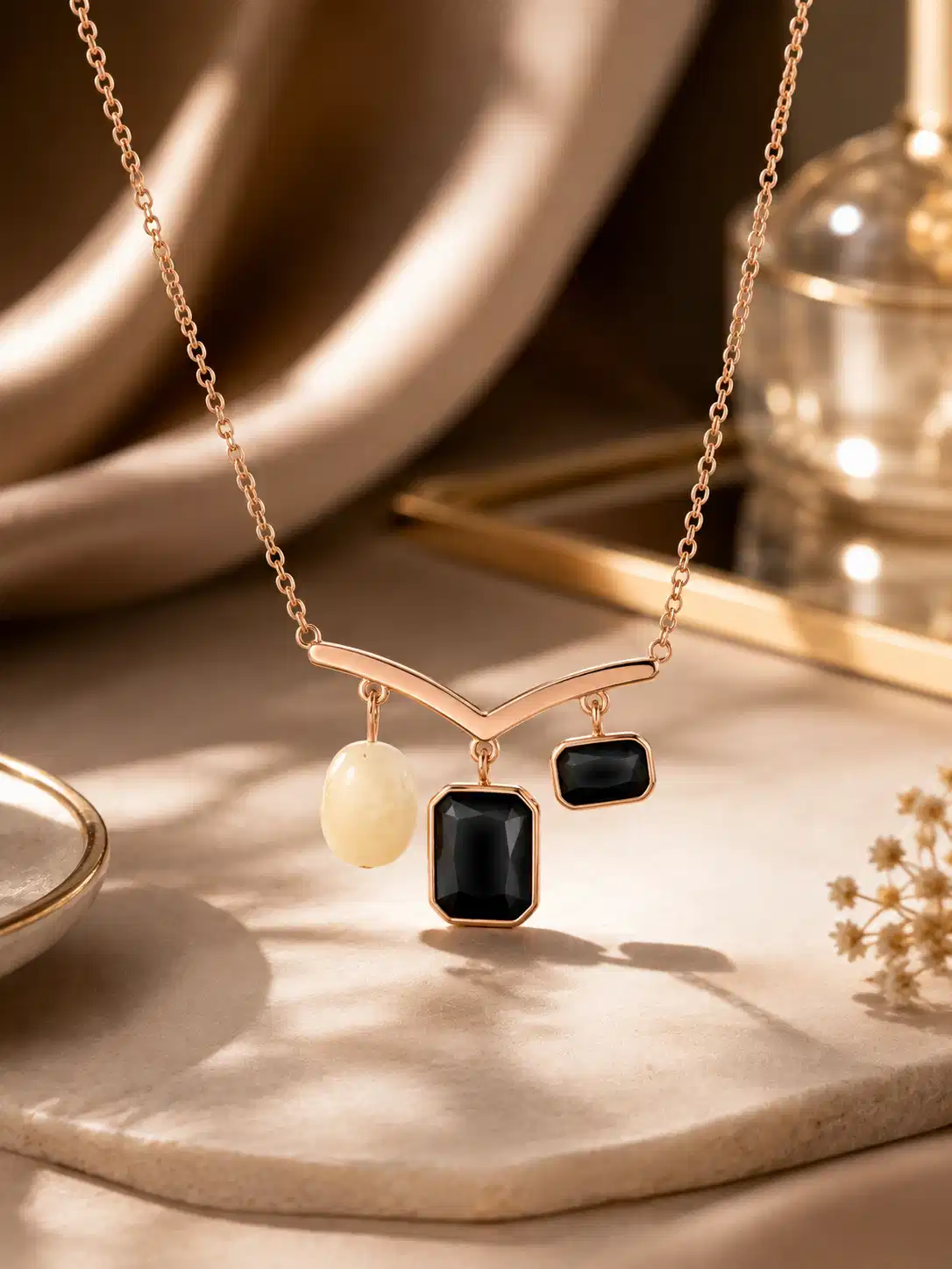 Nazar Grace rose-gold tone pendant necklace with black stones and pearl-inspired white accent on an ivory display