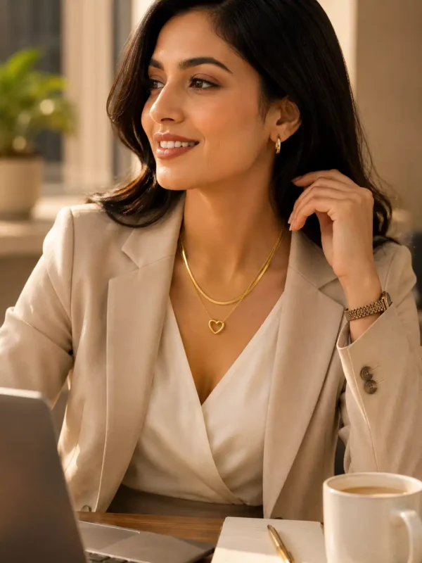 Indian professional woman wearing the Amora Duo heart layered necklace with a beige blazer at her office desk