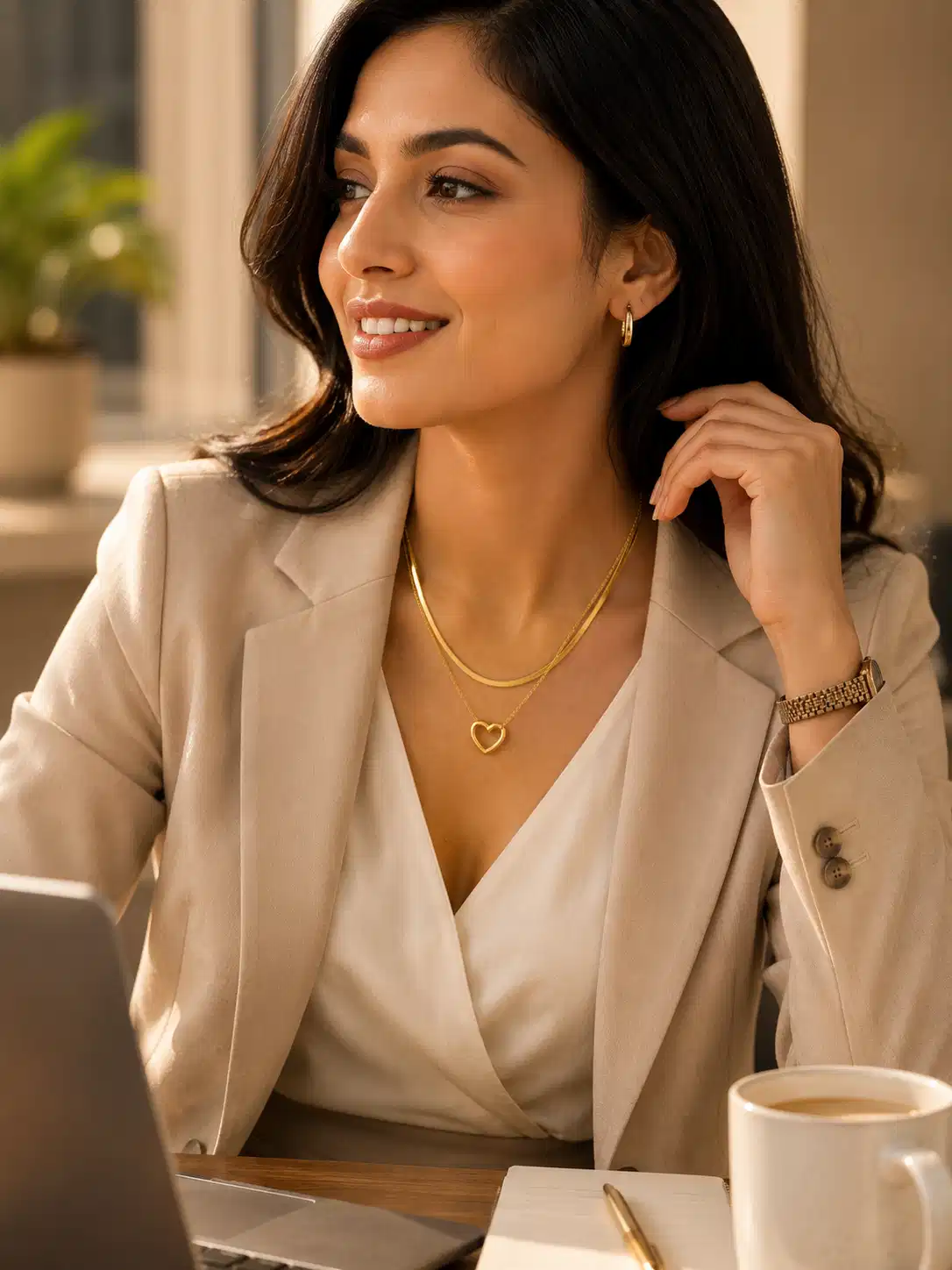 Indian professional woman wearing the Amora Duo heart layered necklace with a beige blazer at her office desk