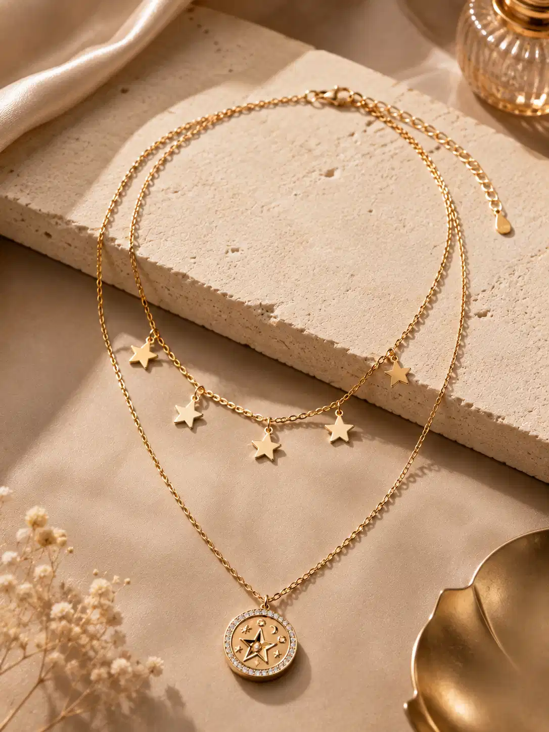 Lunara gold-tone celestial layered necklace with five star charms and a crystal-style medallion on an ivory display