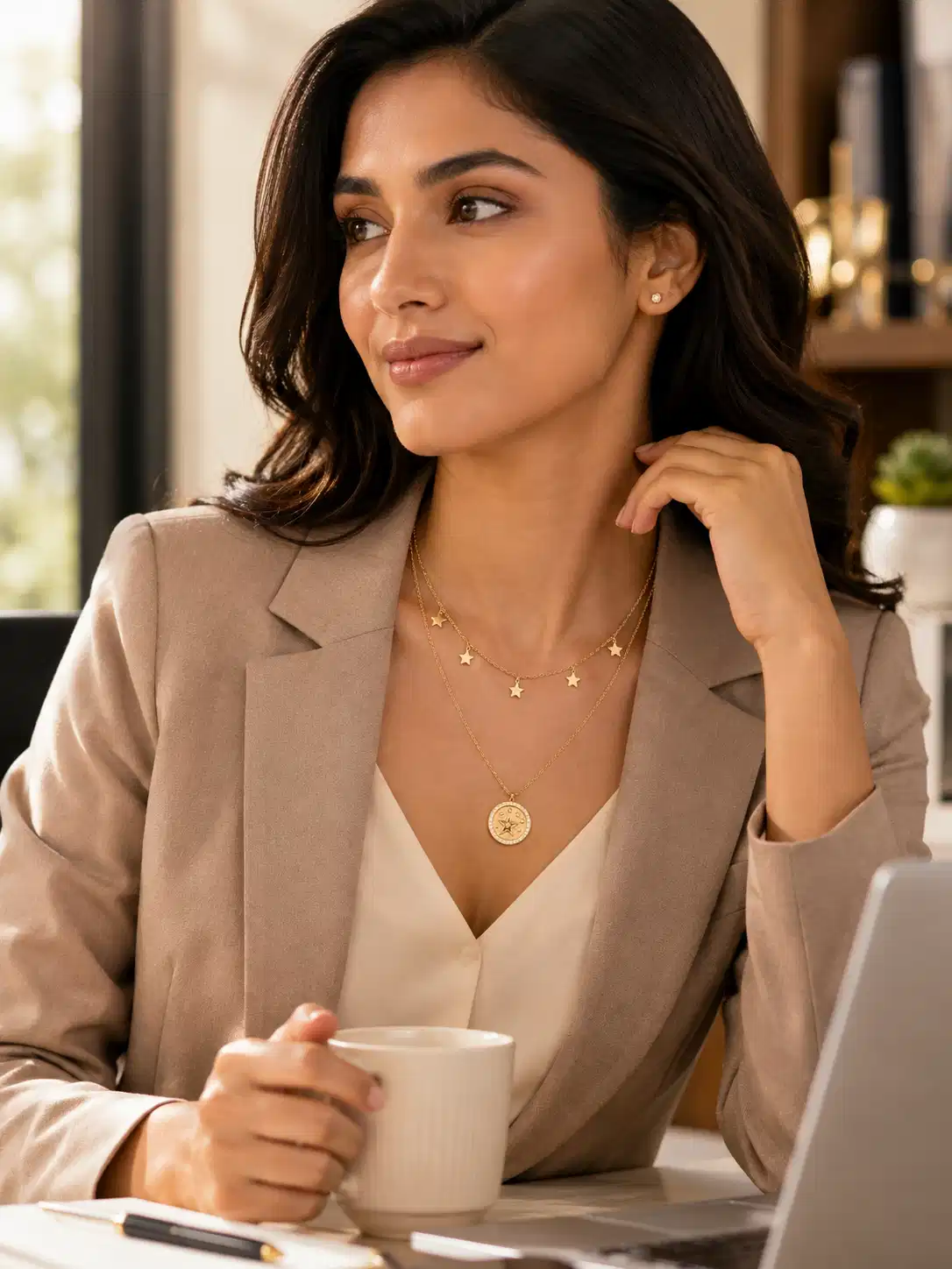 Indian professional woman wearing the Lunara celestial layered necklace with a beige blazer at her office desk