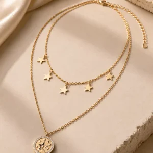 Full Lunara double-layer gold-tone necklace with five star charms, celestial pendant and adjustable extension chain
