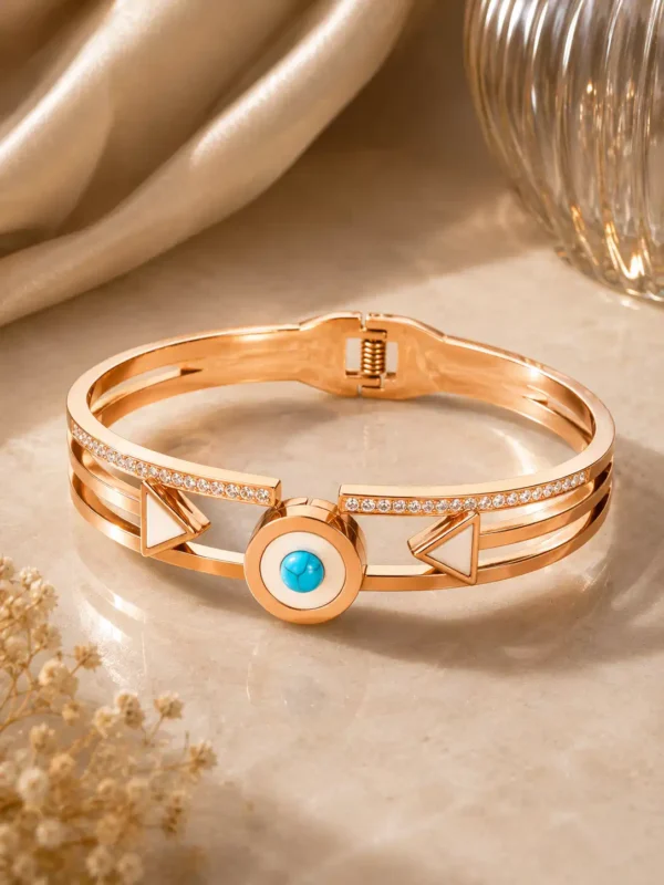 Full Veyra turquoise geometric hinged bangle with triple rose-gold-tone bands and sparkling accents