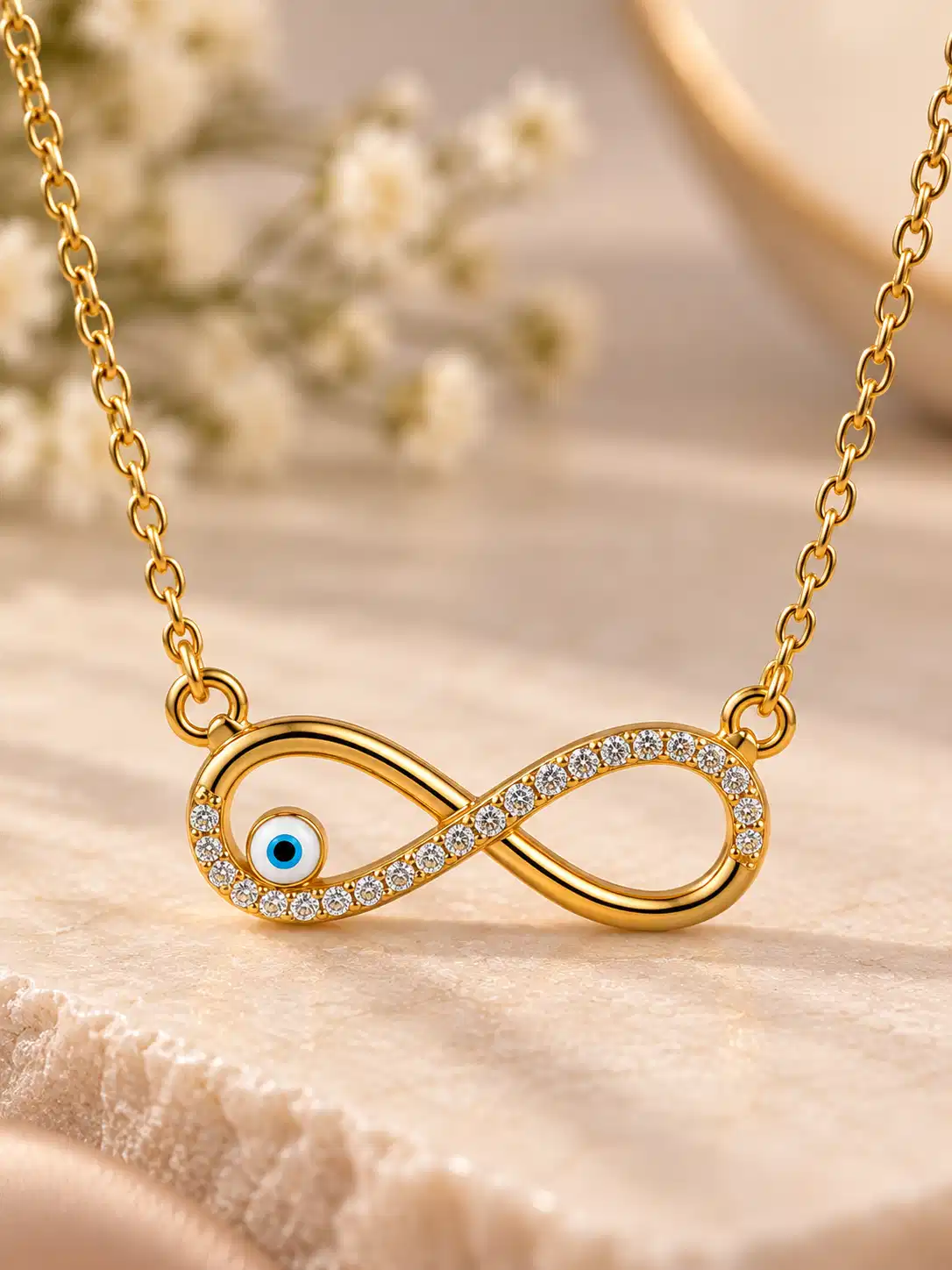 Close-up of gold-tone infinity motif with clear crystals and miniature blue evil-eye accent