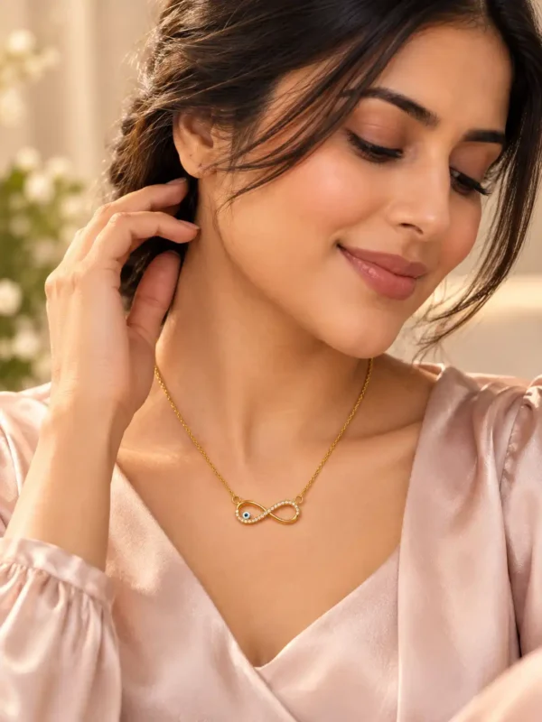 Woman wearing a gold-tone infinity nazar necklace with a soft blush pink V-neck outfit