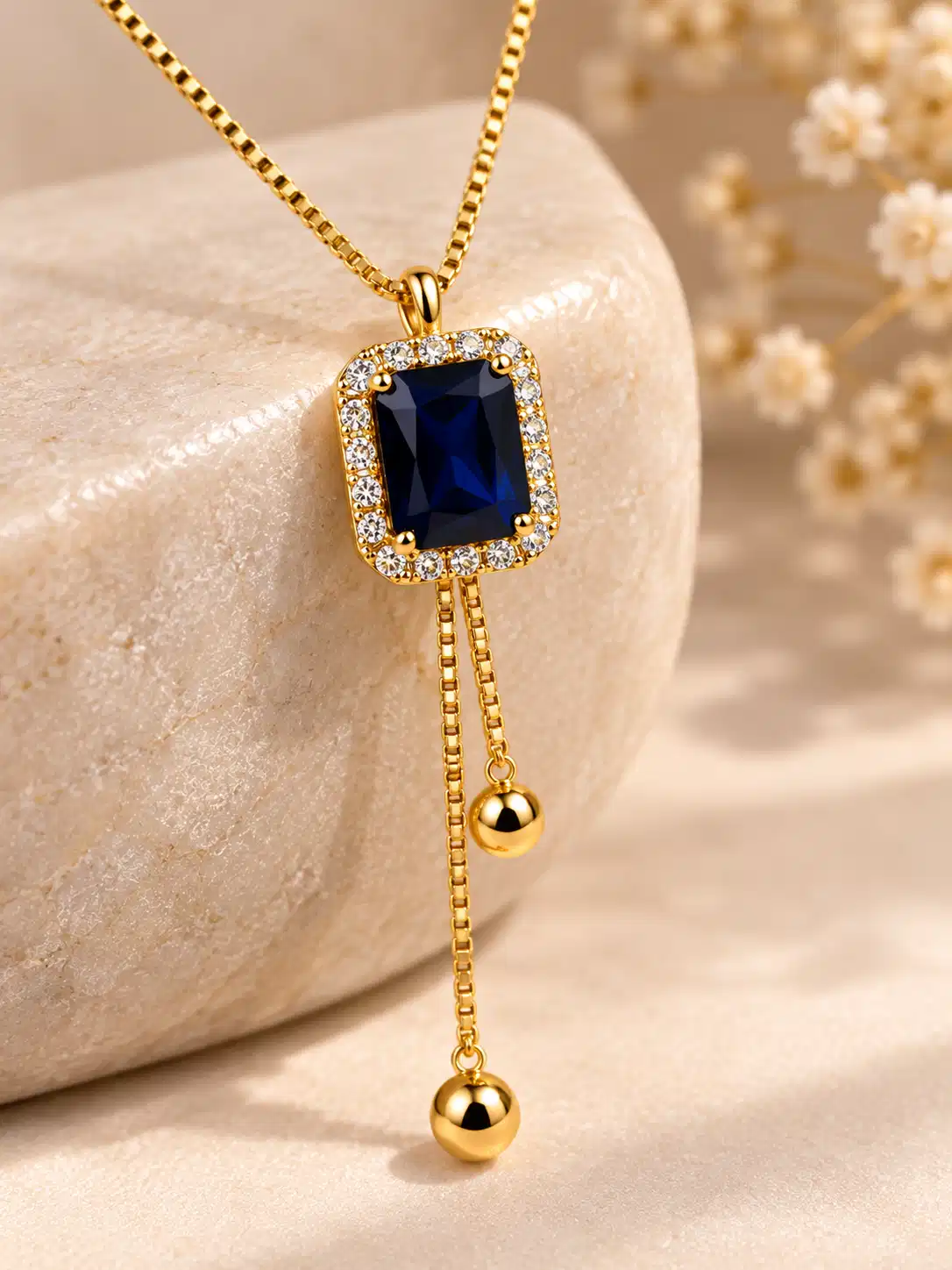 Close-up of deep blue rectangular stone with clear crystal halo and gold-tone drops on Blue Hour Y-Drop Necklace