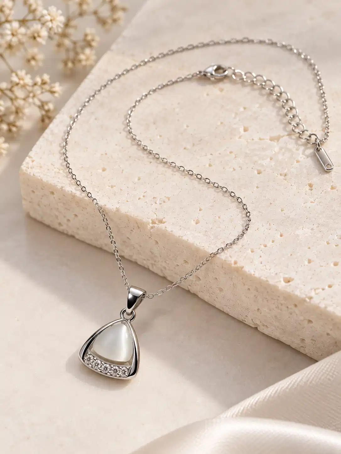 Adjustable silver-tone pendant necklace with white triangle centre, crystal accents and extension chain