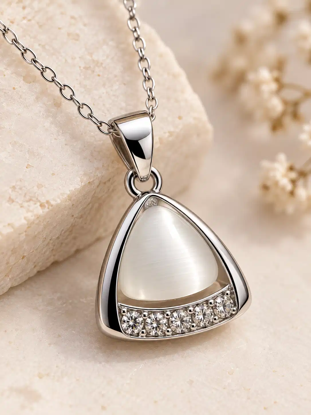 Close-up of silver triangle pendant with luminous ivory white centre and clear crystal row