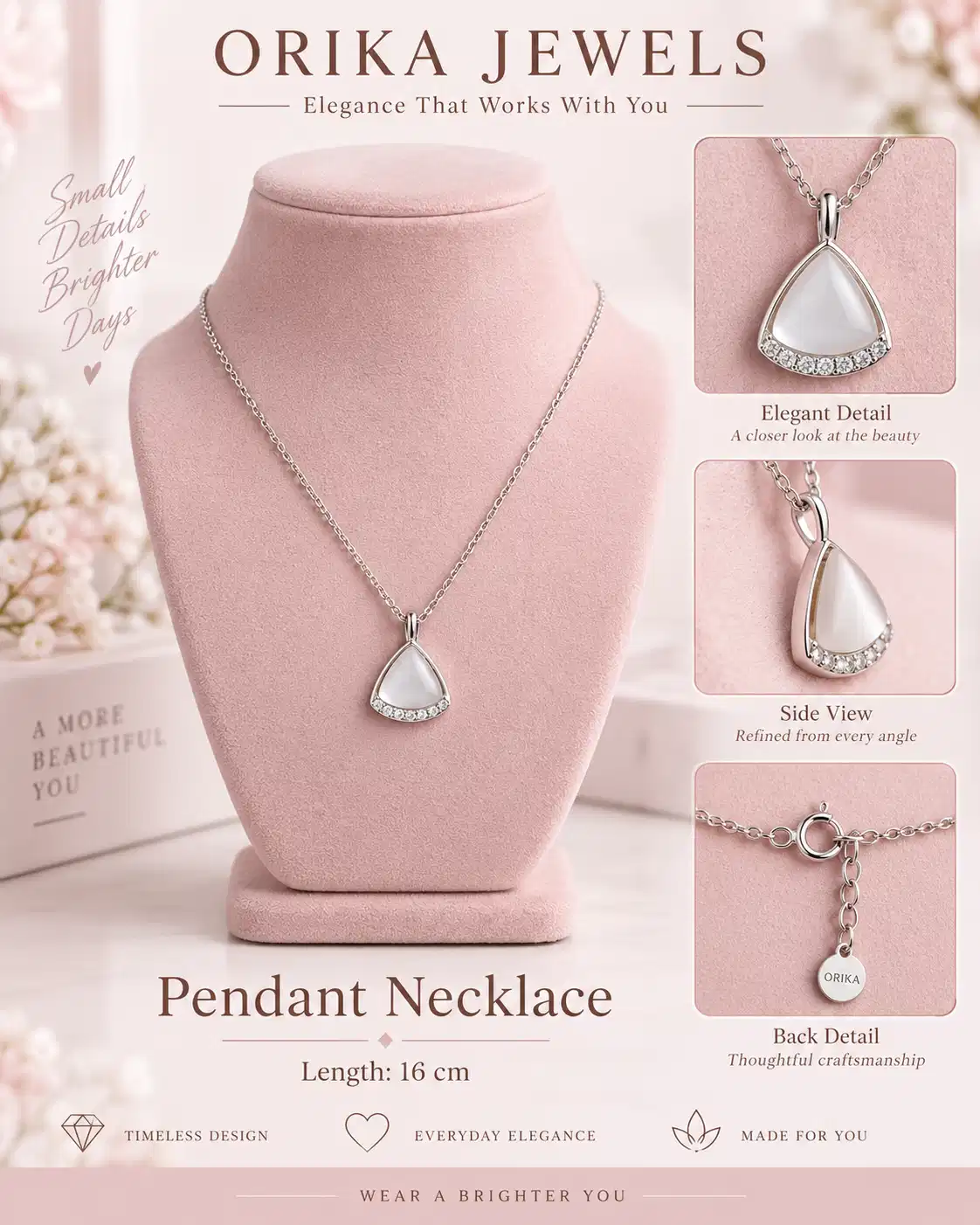 Orika Jewels Ivory Glow triangle pendant necklace showing front, side and adjustable chain details