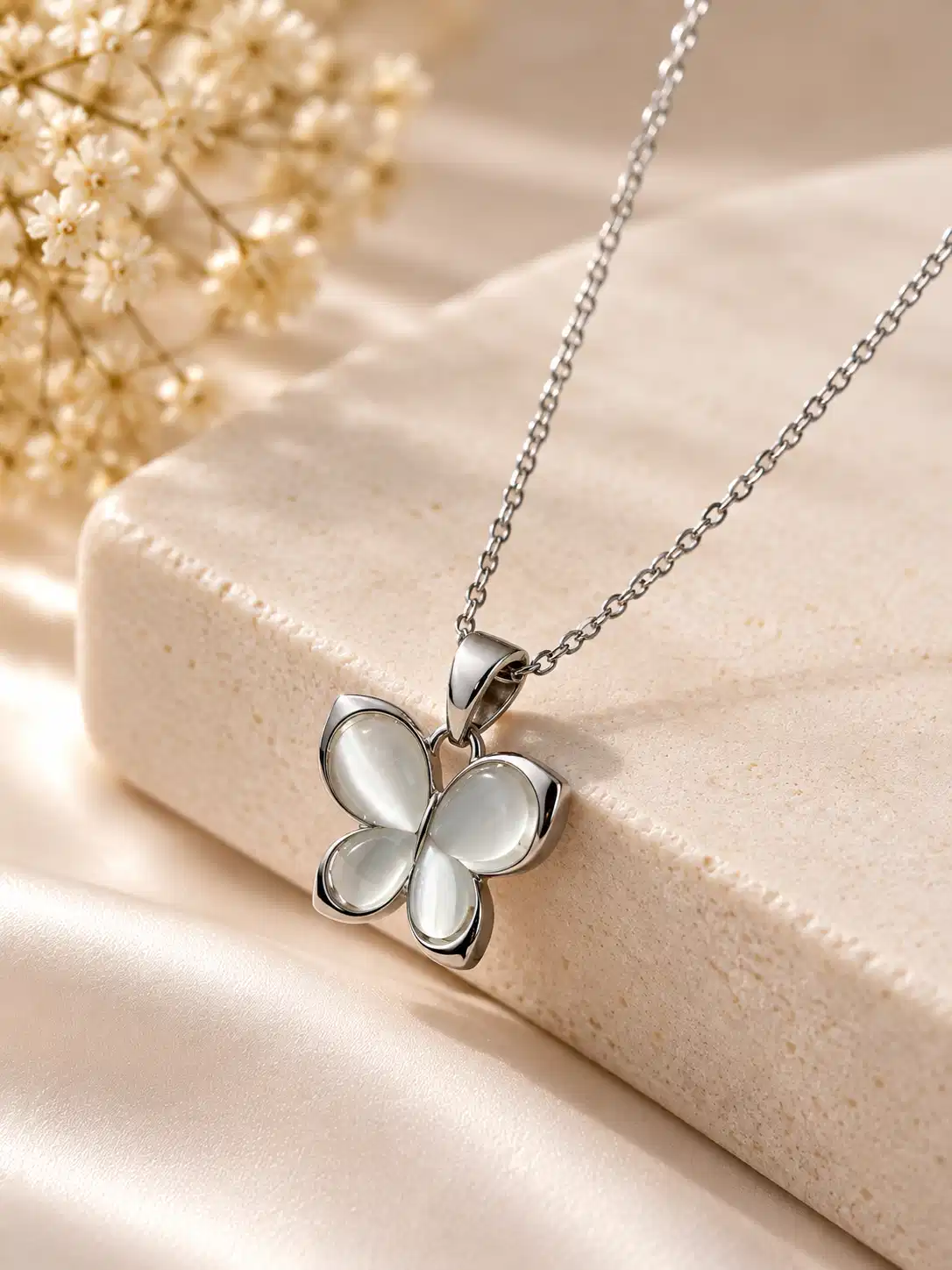 Angled view of silver butterfly necklace with four milky white luminous wings and fine chain by Orika Jewels