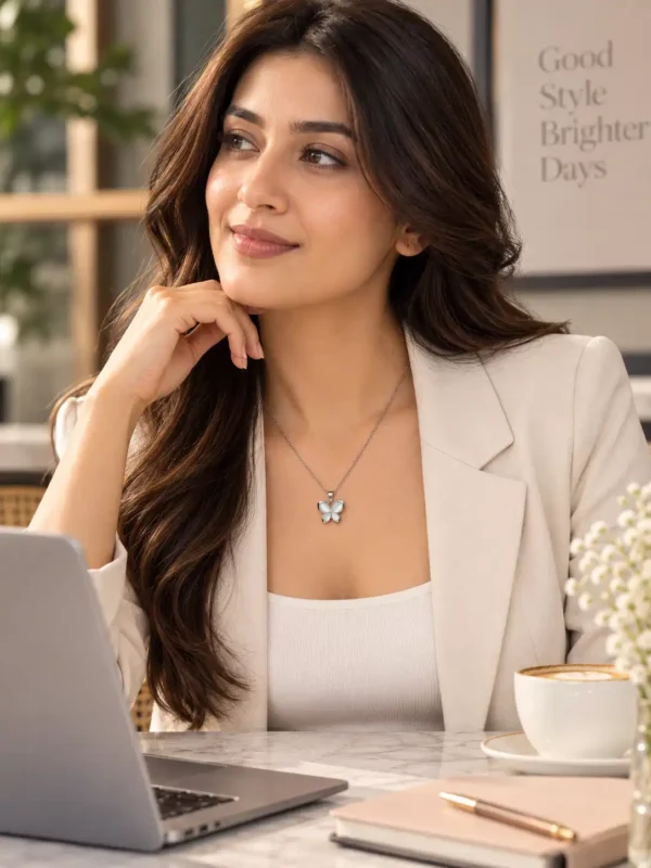 Professional woman wearing silver butterfly pendant necklace with blazer at work for a polished office jewellery look
