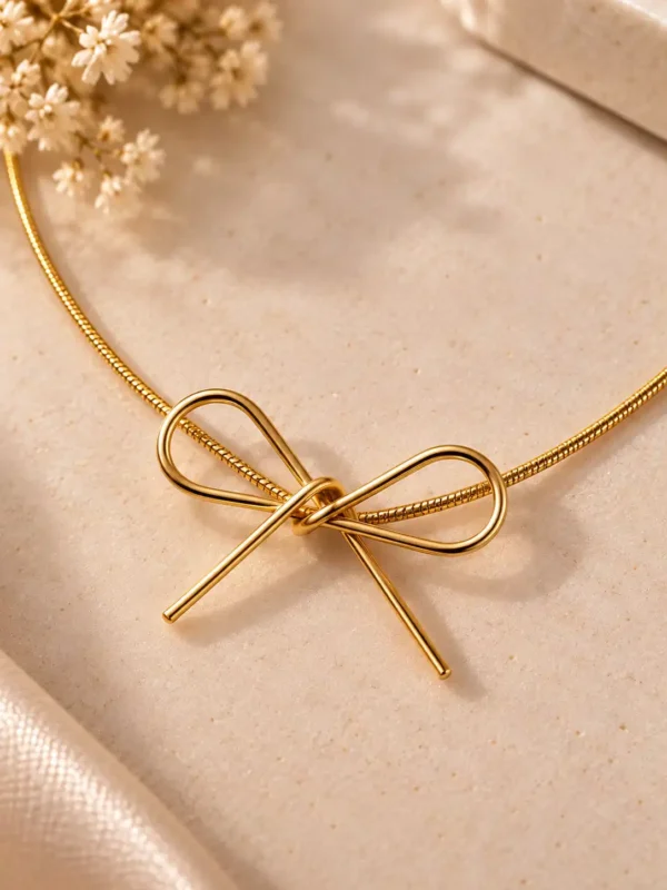 Close-up of minimal gold bow necklace showing polished open loops and slender ribbon-tail detailing.