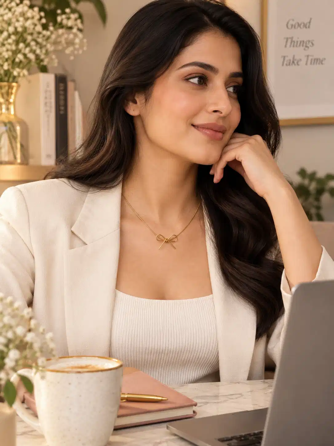 Woman styling a minimal gold bow necklace with a white blazer for a polished office wear look.