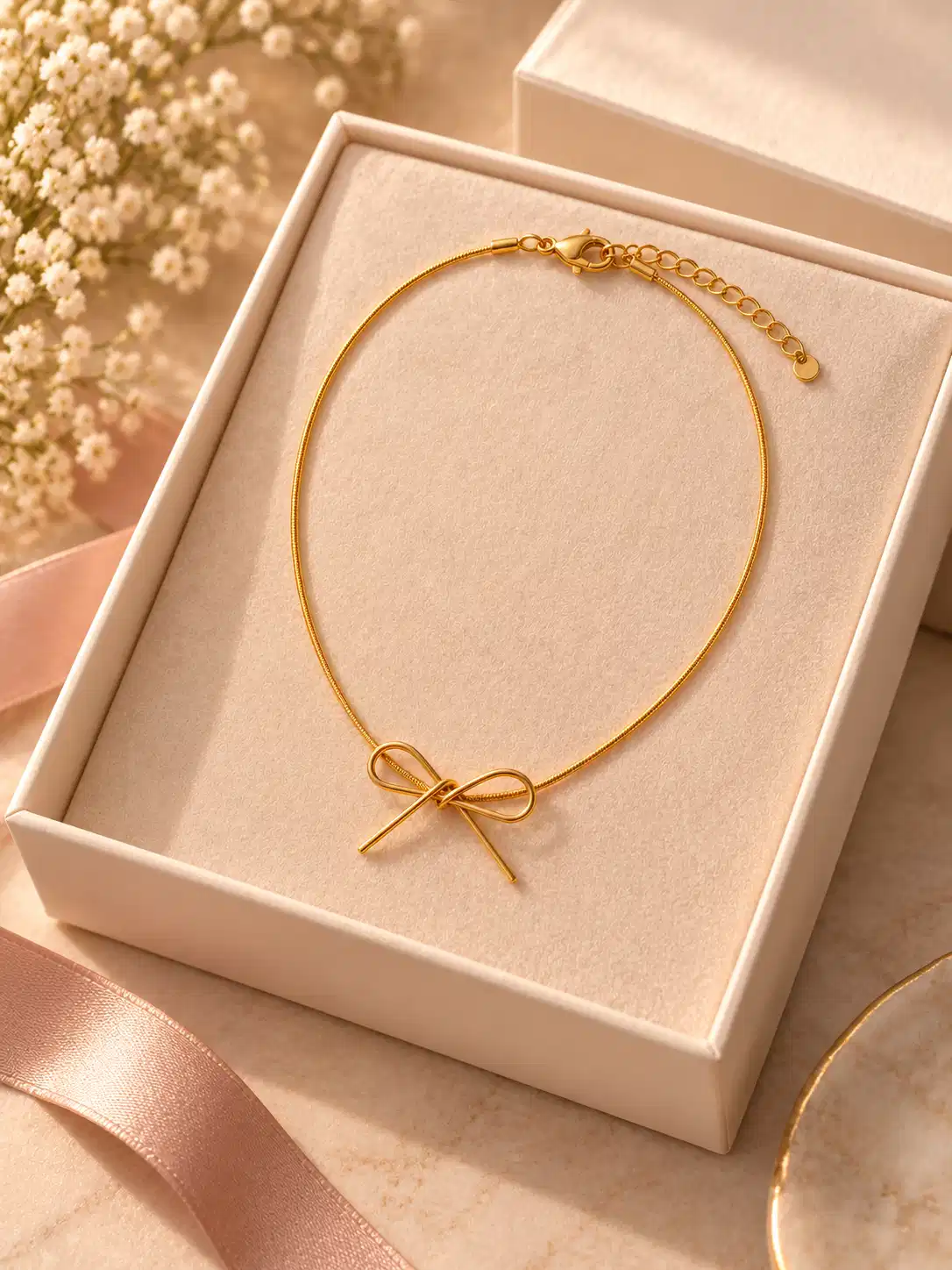 Poise Bow Gold Necklace displayed in a jewellery box with lobster clasp and adjustable extender chain.