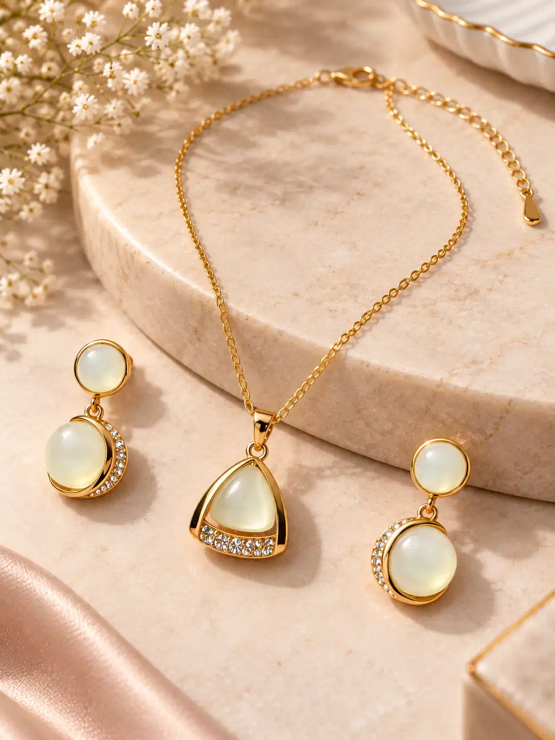 Ivory gold-tone pendant necklace with matching round drop earrings and adjustable chain