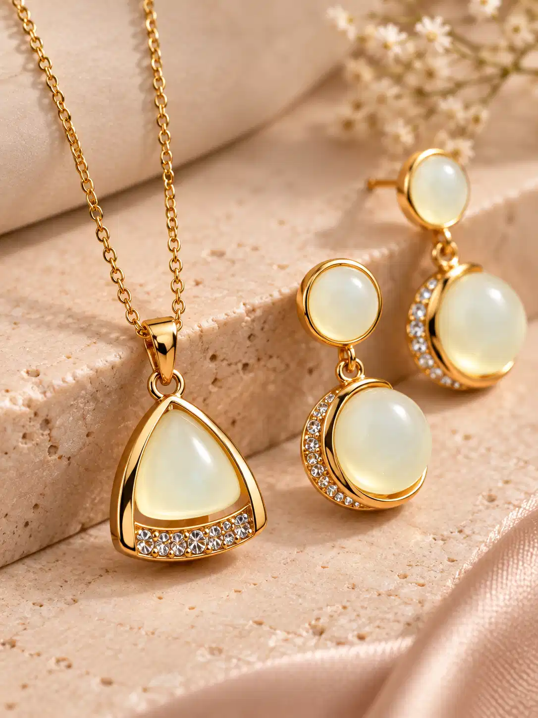 Close-up of ivory pendant and earrings with gold-tone frames and clear crystal accents