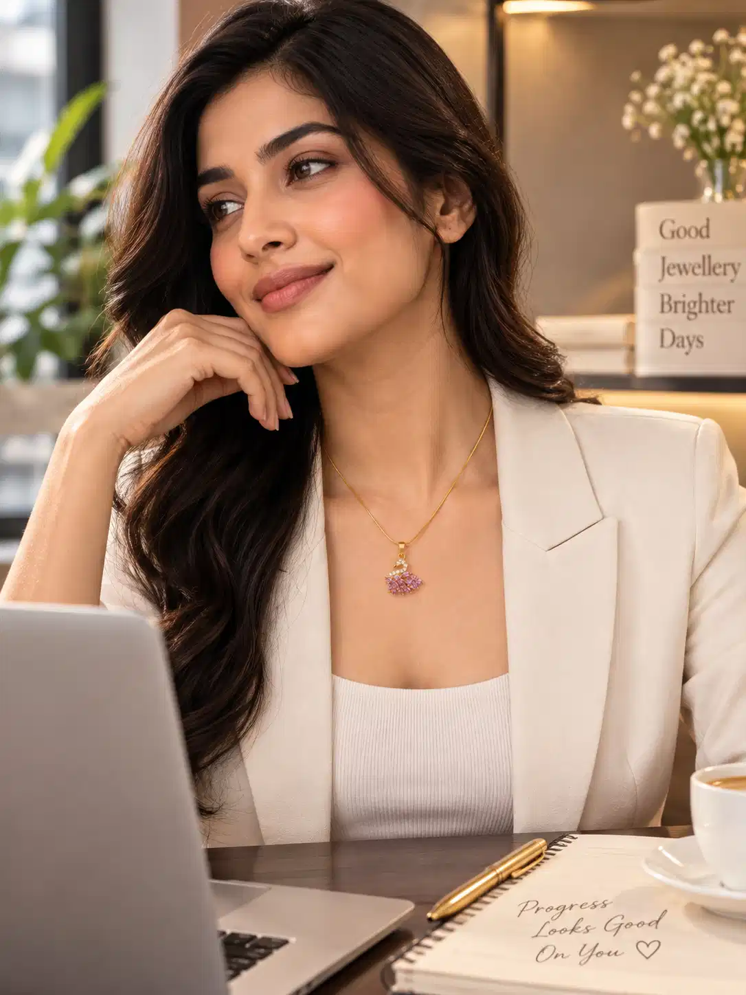 Professional woman wearing a pink swan pendant necklace with a white blazer while working at a desk