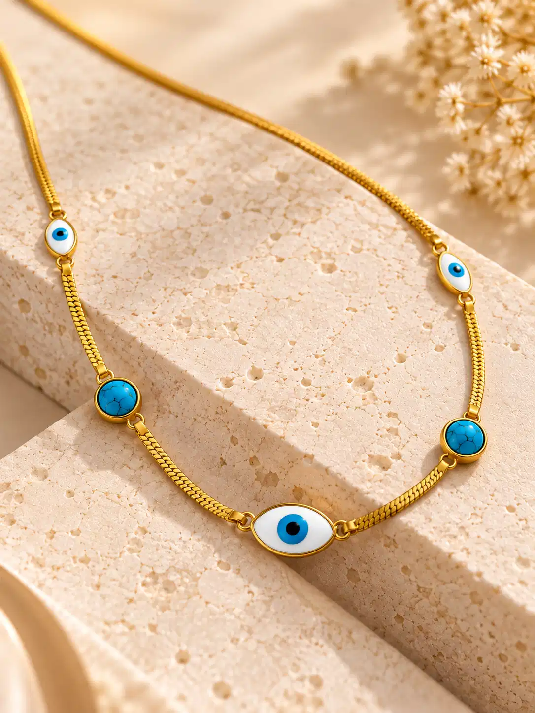 Close-up of gold-tone evil eye necklace with central blue nazar motif and two turquoise round accents