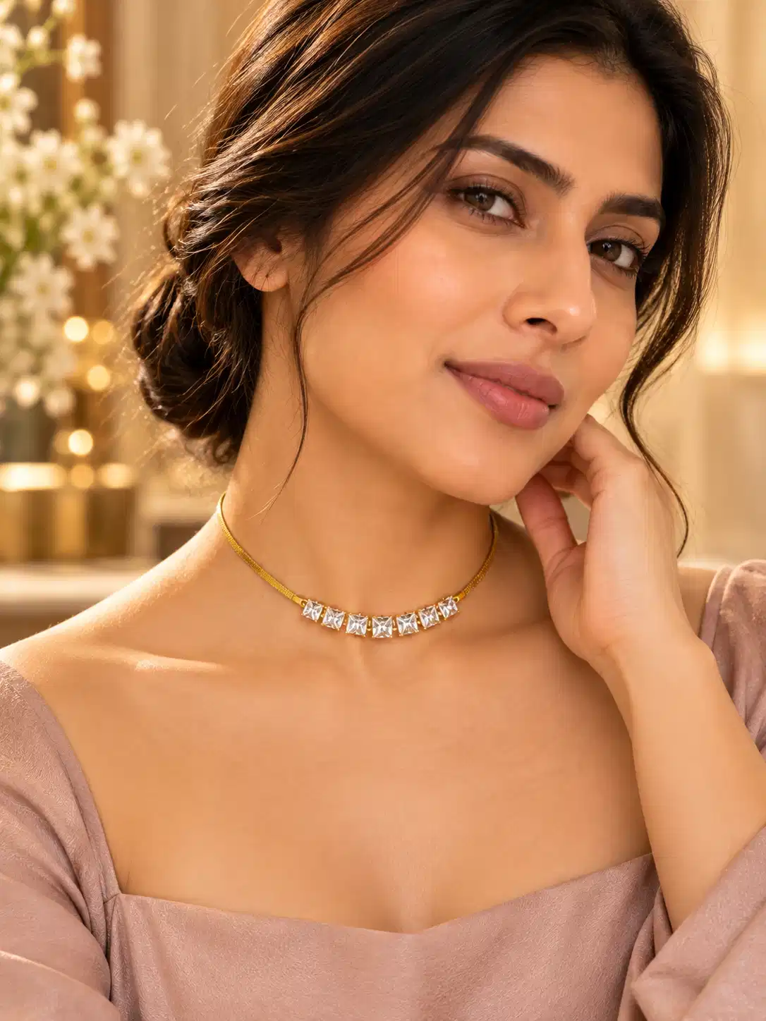 Woman wearing a seven-stone clear crystal necklace with a soft evening dress