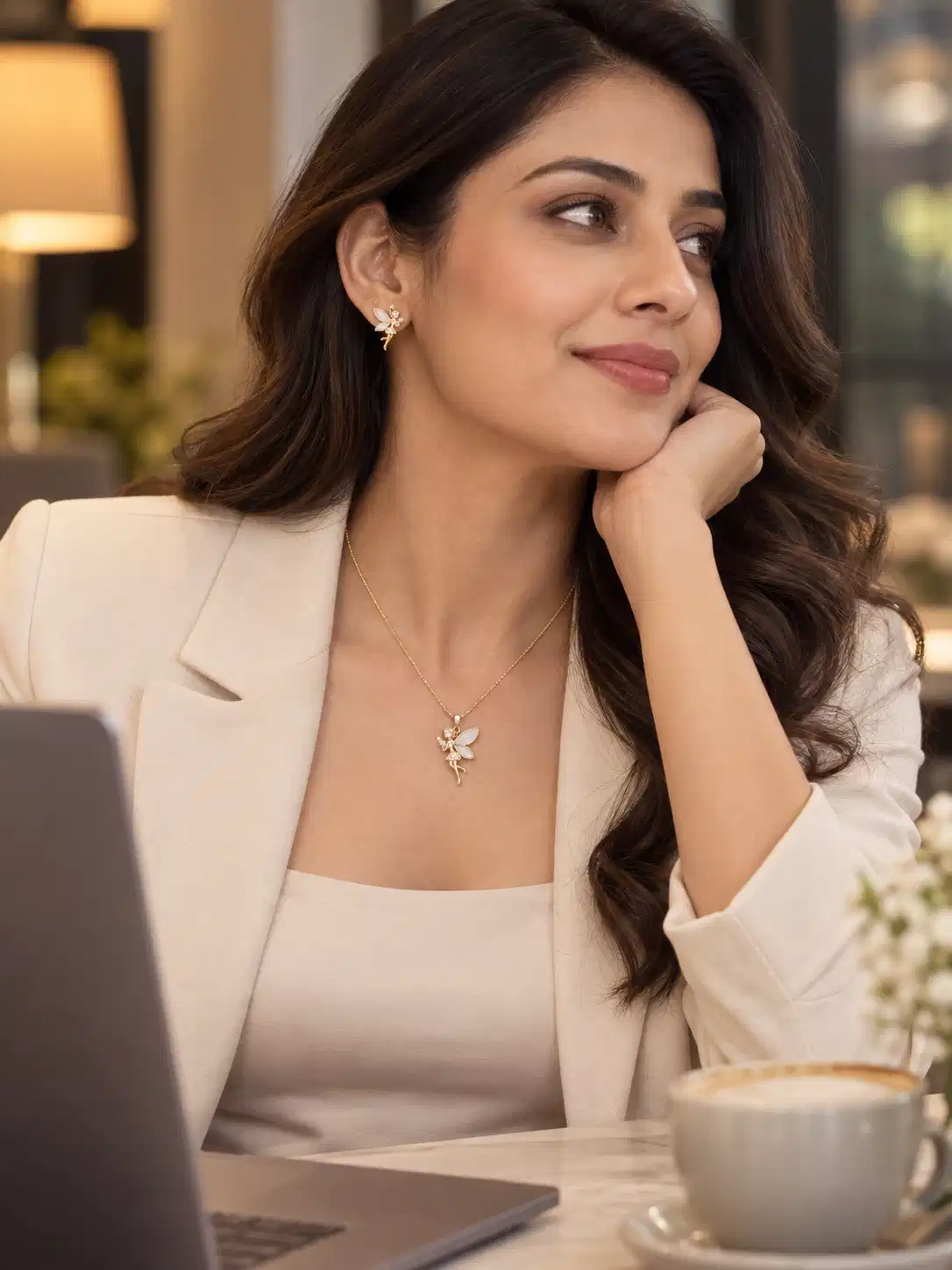 Woman in white blazer wearing Aurelia fairy pendant necklace and matching earrings for an elegant office look