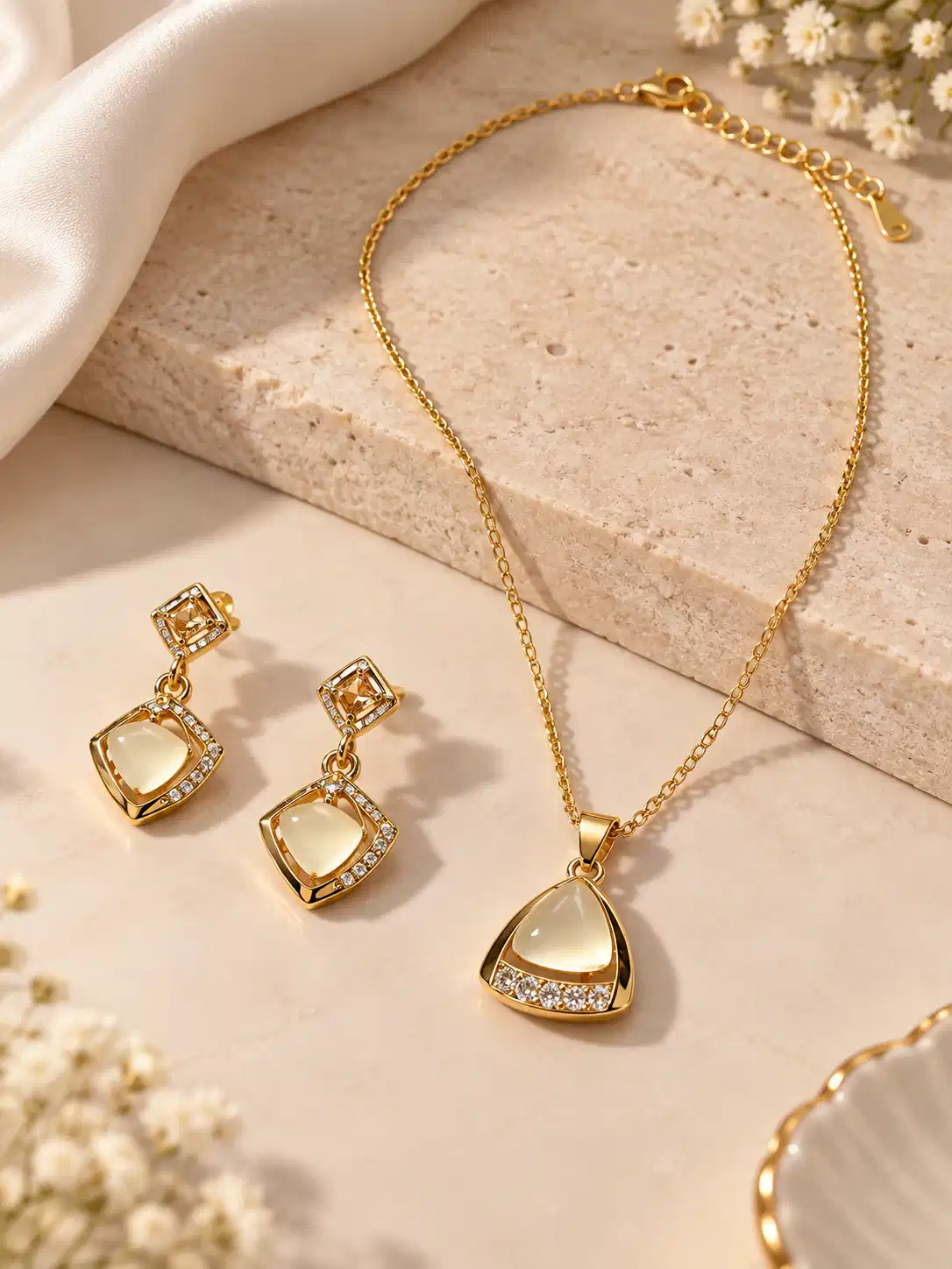 Gold pendant necklace and matching geometric earrings with ivory centres, crystal accents and adjustable extension chain