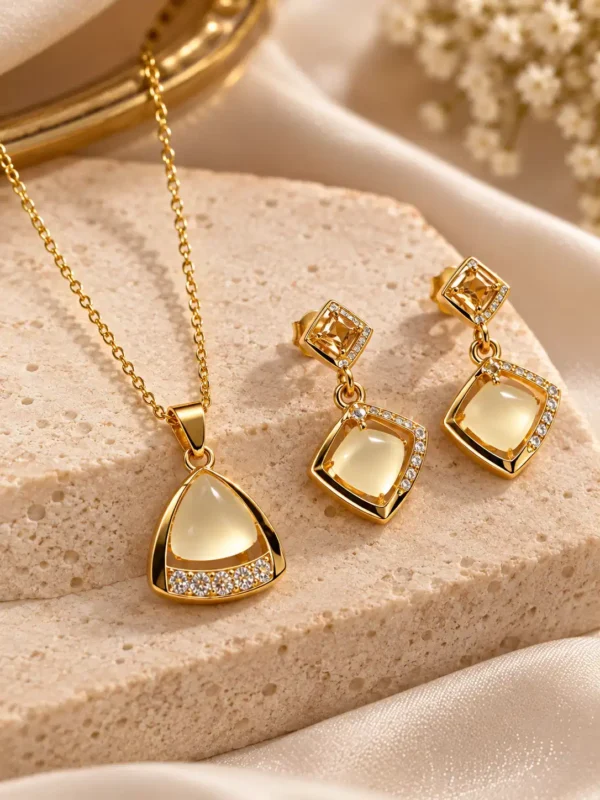 Close-up of gold geometric pendant and earrings with luminous ivory centres and clear crystal detailing