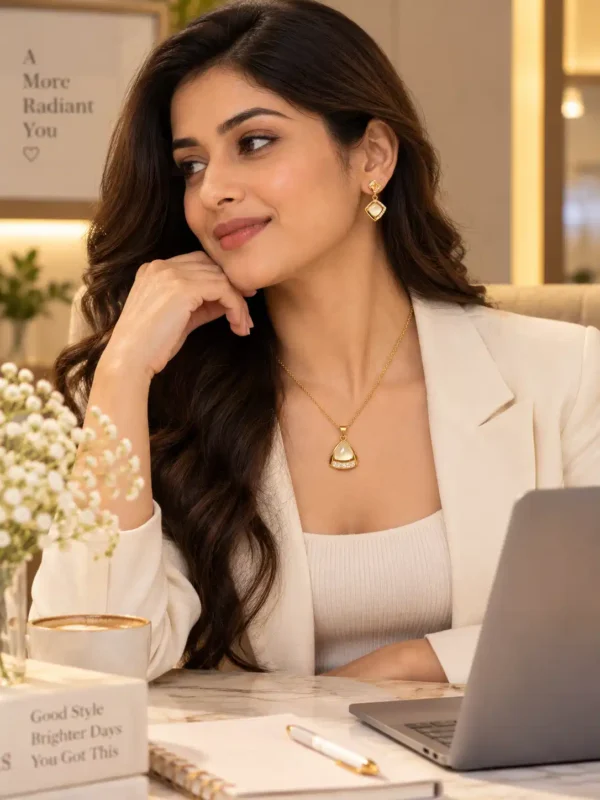 Professional woman wearing a gold ivory pendant and matching geometric earrings with a white blazer at work