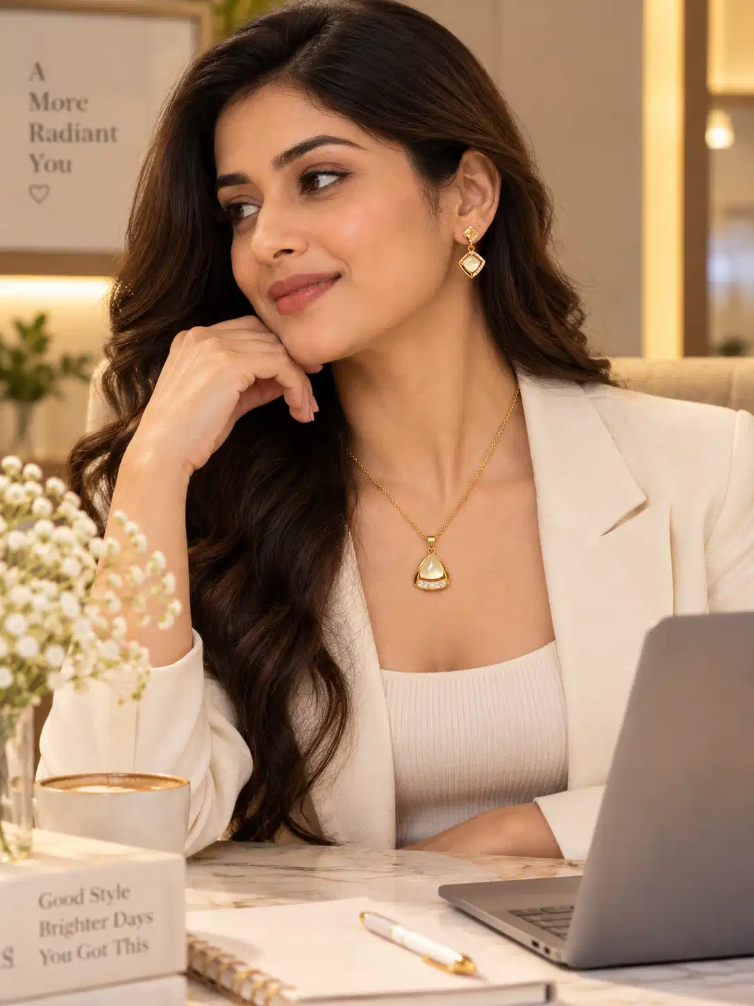 Professional woman wearing a gold ivory pendant and matching geometric earrings with a white blazer at work