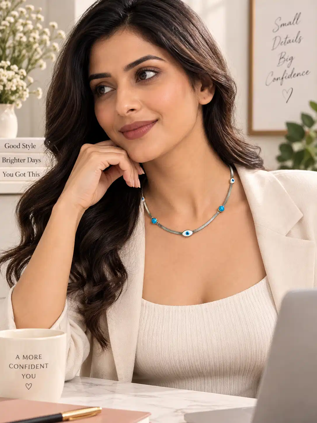 Woman styling silver evil eye necklace with white blazer for an office wear look