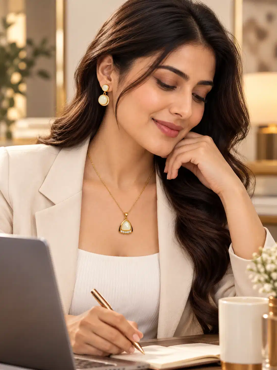 Working woman wearing minimal gold-tone ivory pendant and matching earrings at office desk