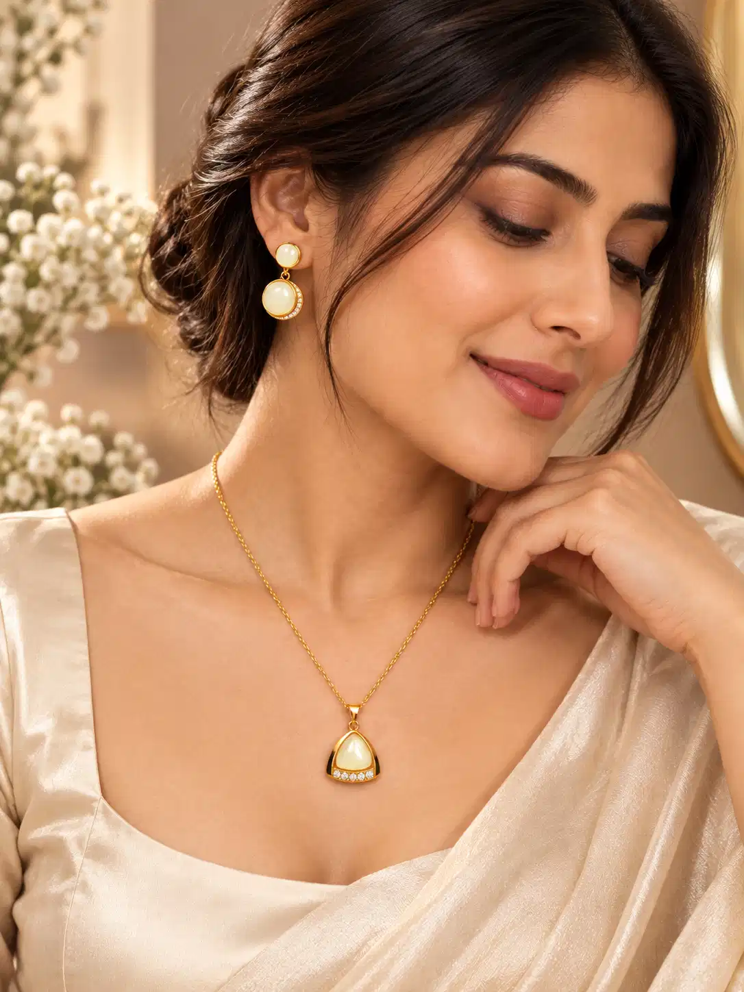 Woman wearing ivory gold-tone pendant necklace and matching crystal drop earrings with elegant outfit