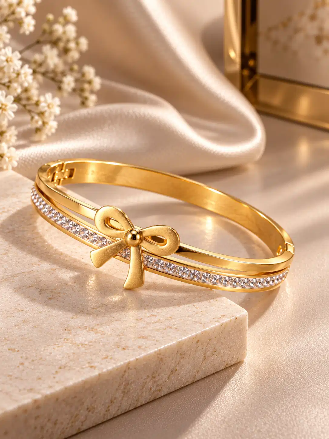 Elara gold-tone bow statement bangle with crystal row displayed on beige stone and satin