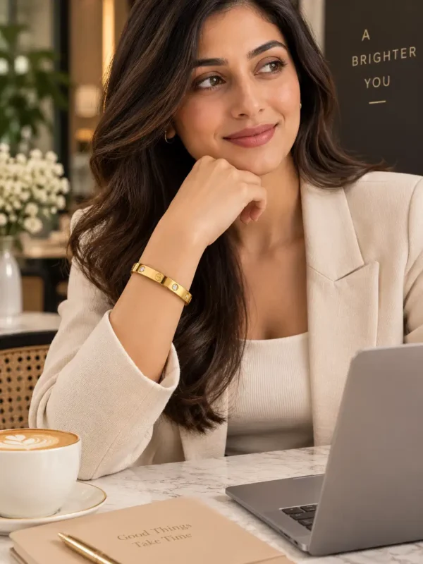Woman in white blazer wearing Aurelia gold crystal bracelet while working at a laptop in a modern office setting.