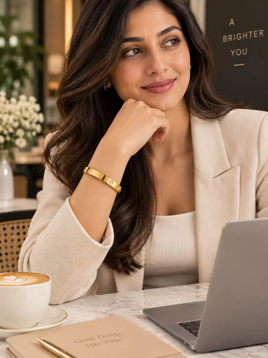 Woman in white blazer wearing Aurelia gold crystal bracelet while working at a laptop in a modern office setting.
