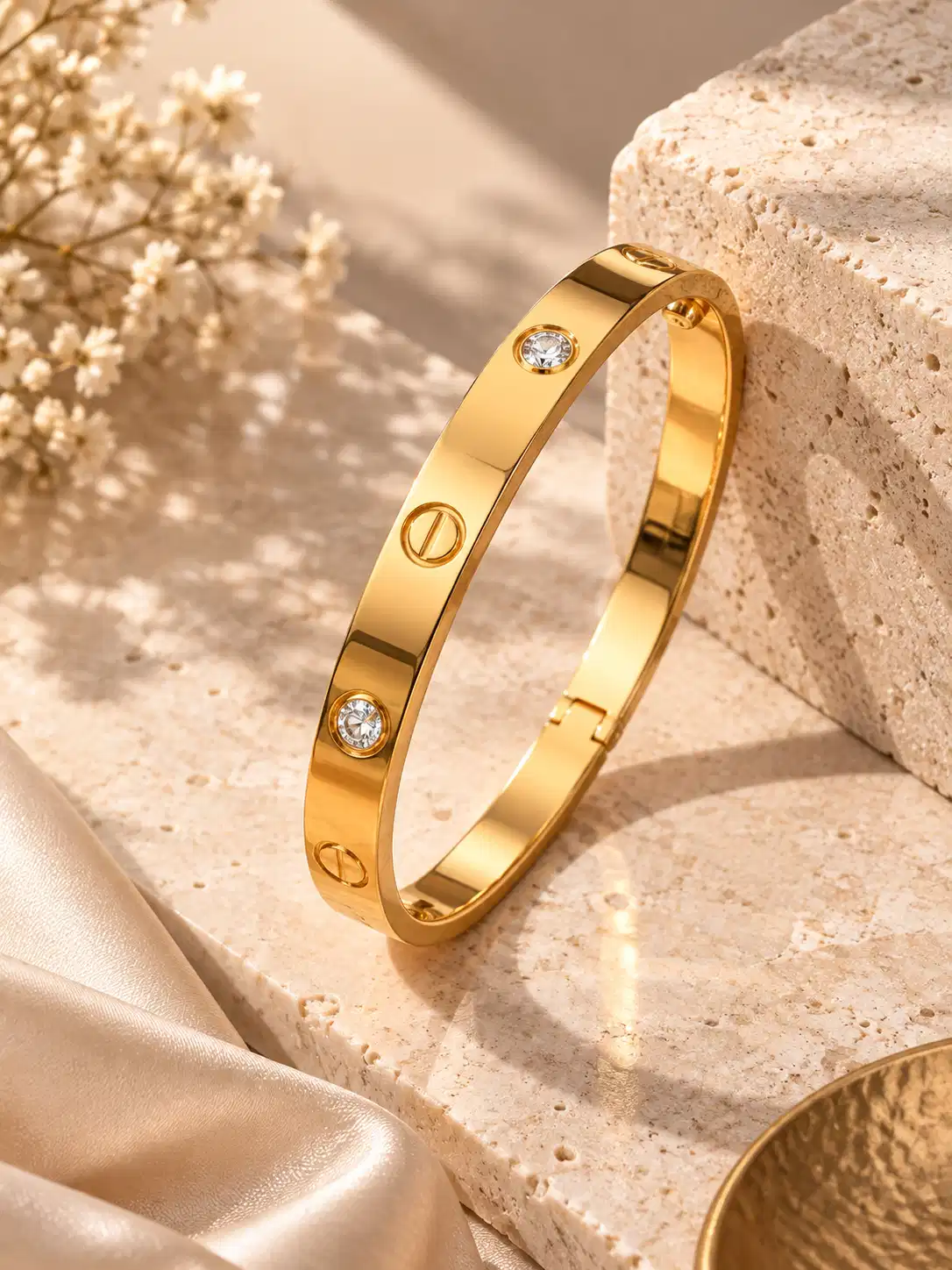 Angled view of Aurelia polished gold bangle with clear crystal accents and modern screw-inspired geometric motifs.