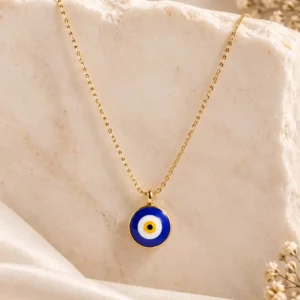 Nazar Muse gold-tone evil eye necklace for women with round cobalt blue nazar pendant by Orika Jewels