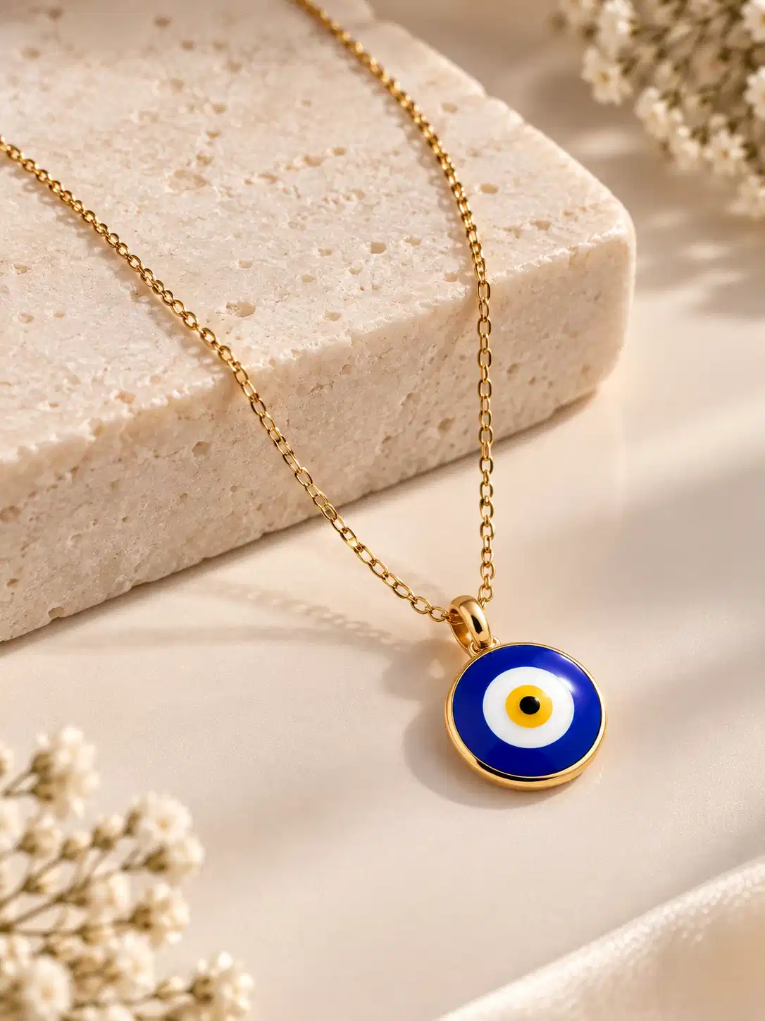 Blue nazar pendant necklace for women with gold-tone oval-link chain and round evil eye medallion