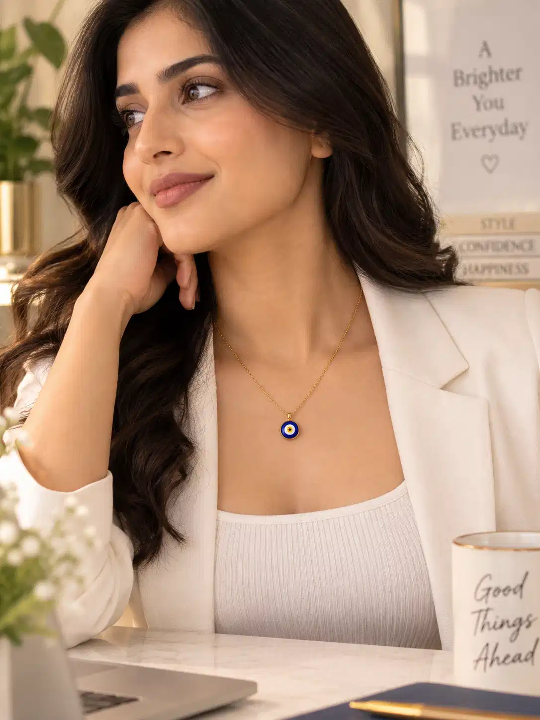 Woman in white blazer wearing gold-tone blue evil eye necklace for office wear