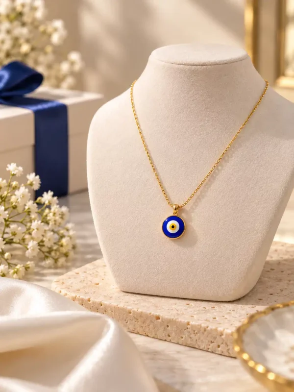 Gold-tone evil eye necklace with cobalt blue round nazar pendant displayed on jewellery bust with gift box