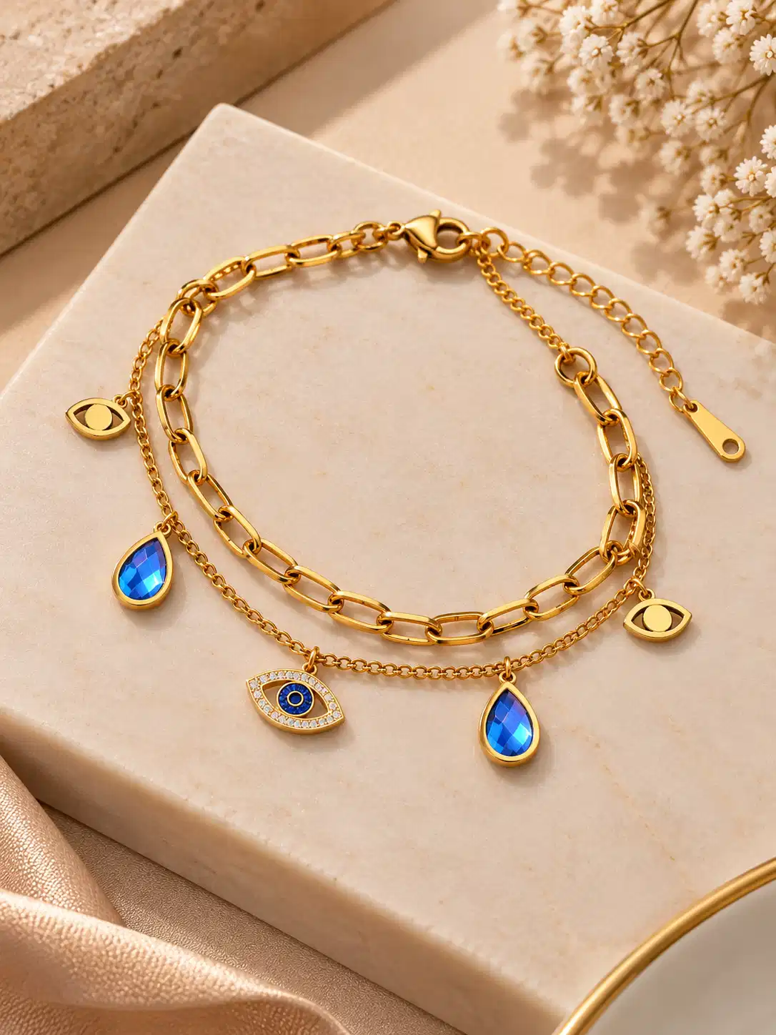 Top view of gold double-layer evil eye bracelet with blue drop charms, paperclip chain, lobster clasp and extension chain.