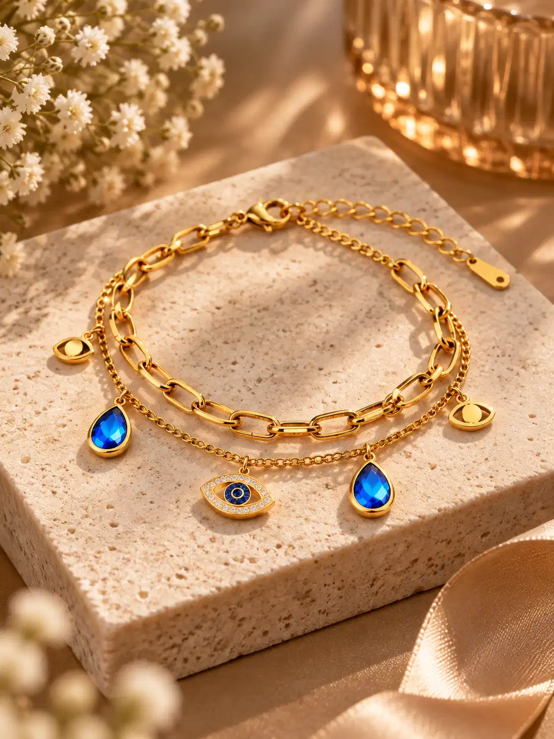 Gold double-layer nazar charm bracelet with blue crystal drops and evil eye charms displayed on beige stone.