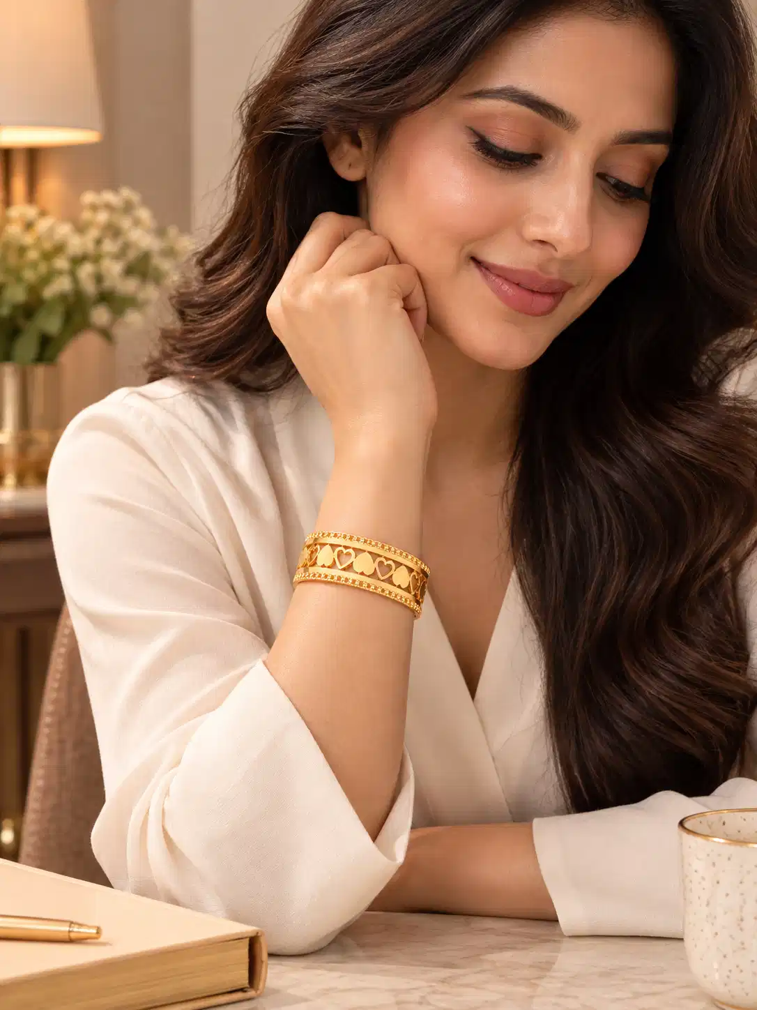 Woman styling Amora gold heart statement bangle with a white office outfit