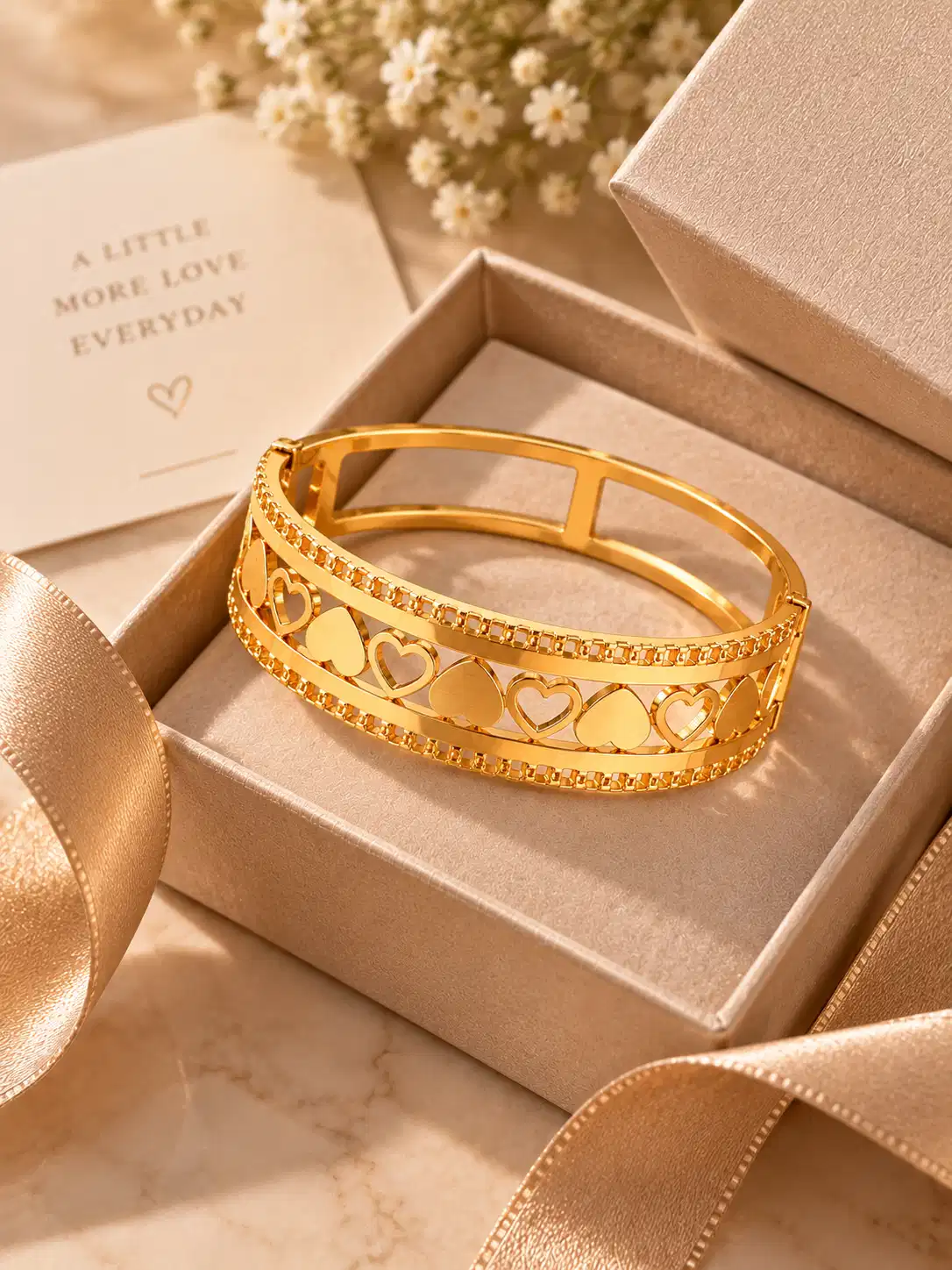 Amora gold heart lattice bangle for women displayed in a premium jewellery gift box